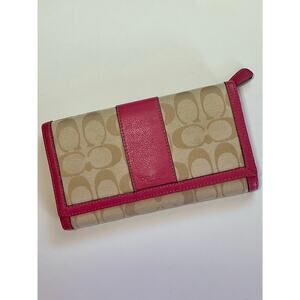 Coach Signature Stripe Canvas & Pink Leather Trifold Wallet Retail $258 GUC-EUC